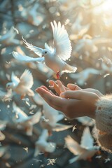 Poster - A person holds out their hands to a flock of birds, possibly in a gesture of friendship or feeding