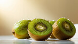 Fresh kiwis with water droplets in soft sunlight