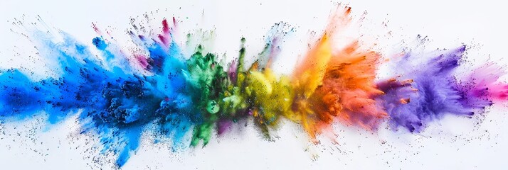 A high-quality professional photograph of a wide-angle shot showing colorful powder exploding against a white backdrop