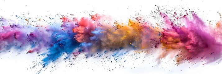 A high-quality professional photograph of a wide-angle shot showing colorful powder exploding against a white backdrop