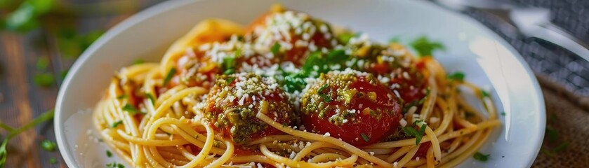 Wall Mural - A delicious serving of spaghetti topped with meatballs, grated cheese, and fresh parsley on a white plate, ready to be enjoyed.