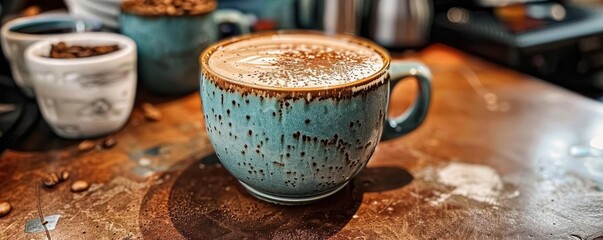 Rustic blue ceramic coffee cup with frothy latte, placed on a wooden table at a cozy cafe. Perfect morning drink for coffee lovers.