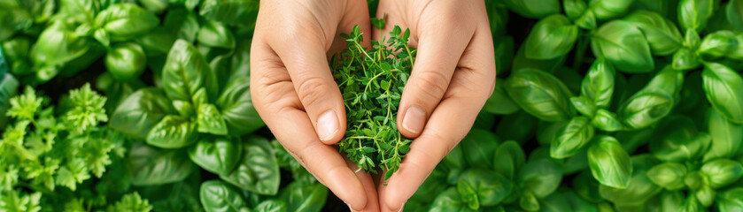 Wall Mural - A person is holding a bunch of green plants in their hands