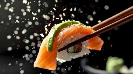 Poster - Close-up of sushi roll with salmon, avocado, and rice held by chopsticks. Dynamic flying sesame seeds on black background adds a fresh and vibrant feel. 