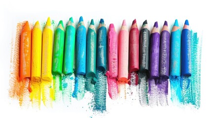 Poster - A collection of colorful crayon pencils arranged on a white background