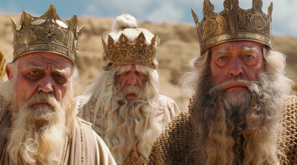 Wall Mural - three kings, the king in front is old and has a long white beard wearing a gold crown with the other two behind him in a desert background.