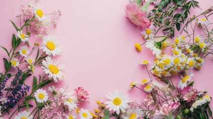 Floral summer setting on pink backdrop with space for text Top view