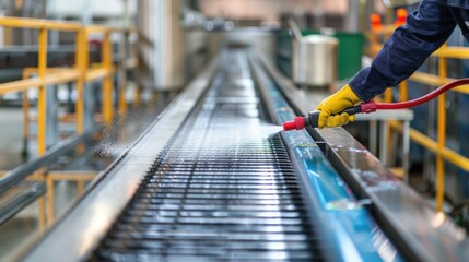 A worker using a sanitizing spray to clean a conveyor belt in a food manufacturing facility. High-resolution, cleanliness, food production hygiene, factory sanitation, hygiene practices