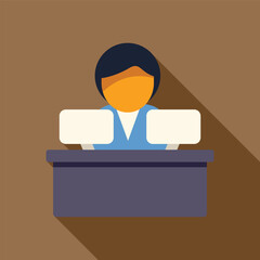 Sticker - Office worker sitting at desk using two monitor computers icon in flat style with long shadow