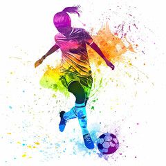 vibrant watercolor illustration of a soccer player dribbling the ball, with splashes of bright colors creating a dynamic and energetic scene on a white background.