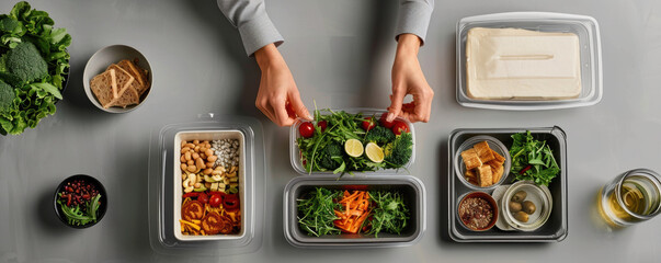 Wall Mural - A person is preparing a meal with a variety of food items, including a salad