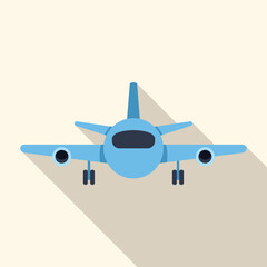 Poster - blue airplane taking off from airport runway with long shadow