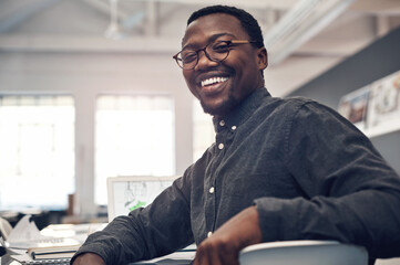 Poster - Architect, portrait and black man in office with glasses for vision, planning or property development. Business, online and contractor with laptop for real estate, review or construction project