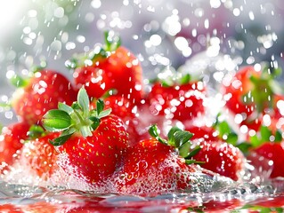 Wall Mural - Vibrant Strawberry Essence Captured in Hydrolyzed Form with Water Droplets