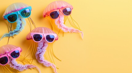 Poster - Jellyfish Wearing Sunglasses on Yellow Background.