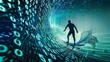 © MheeP - The silhouette of a businessman surfing a wave of binary code represents the challenges of the digital world.