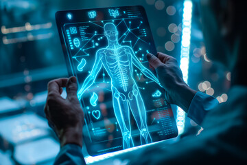 Sticker - A doctor carefully examines a virtual x-ray projection with focused attention. The integration of advanced technology in medical diagnostics. Generative AI.