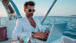 © Kanchanit - Stylish Bleisure Traveler Enjoying Private Yacht Party with Designer Attire, Crystal-Clear Waters, and Luxurious Atmosphere, Typing on Laptop While Experiencing the Vibrant and Richly Detailed Event