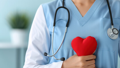 Wall Mural - A woman wearing a blue scrubs shirt is holding a red heart