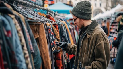 A person shopping for vintage clothing at a bustling flea market, exploring racks of unique finds