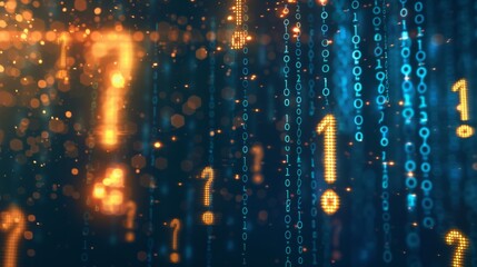 Poster - A digital background with rows of binary code in blue and gold question marks scattered across the screen.
