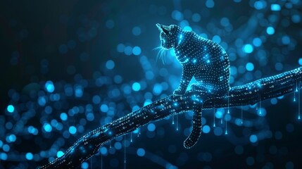 Poster - A digital cat sits on a glowing branch, surrounded by blue bokeh lights.