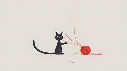 A subtly playful feline, its sleek form elegantly minimalist yet exuding a charming curiosity as it interacts with a vibrant ball of yarn. 