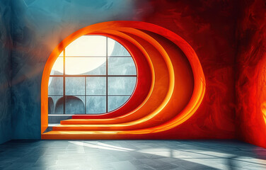 Wall Mural - a futuristic interior. The room is lit by a large window that lets in the sunlight. 