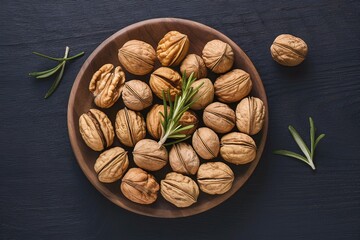 Wall Mural - Walnuts and rosemary leaf in wood plate on black table background