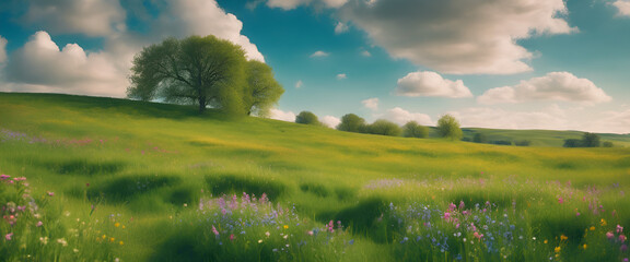 Blooming Wildflower Meadow in Rolling Hills Under Blue Spring Sky Background Wallpaper

