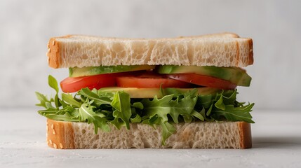 Wall Mural - A vegan sandwich with fresh avocado, tomato, and arugula on white bread