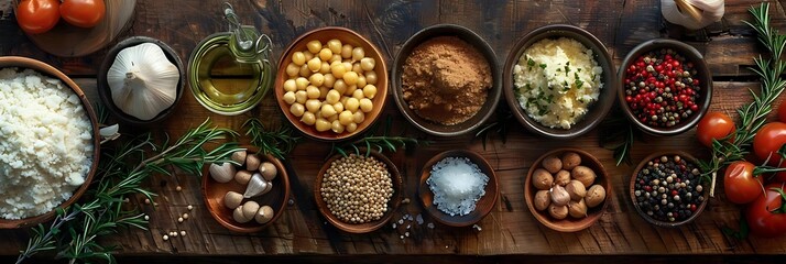 Sticker - Wooden Bowls of Spices, Herbs, and Other Ingredients for Cooking on a Rustic Wooden Table - Illustration