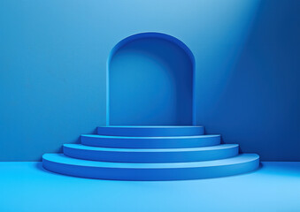 Wall Mural - A blue podium with steps leading up to it. The podium is set against a blue background with an archway.