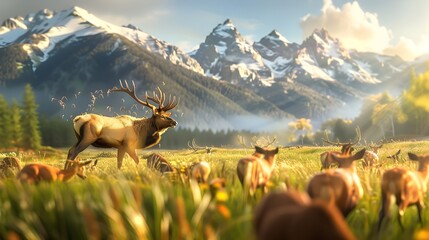 Poster - Rocky Mountain Elk Herd Grazing in Scenic Autumn Alpine Meadow Surrounded by Snow-Capped Peaks