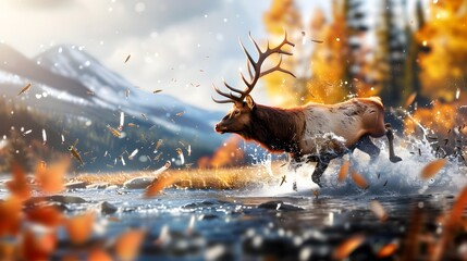 Poster - Rocky Mountain Elk Leaping Across Autumn Stream with Jumping Plant Lice