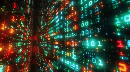 Poster - A digital wall displays a dynamic pattern of binary code in glowing green, orange, and red lights.