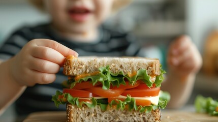 Wall Mural - A child takes a bite out of a sandwich filled with lettuce and tomato