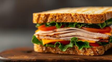 Wall Mural - A close-up shot of a turkey and vegetable sandwich on a wooden cutting board