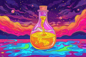 Cartoon alembic with bright colors, bubbling liquid, playful laboratory background, whimsical and fun, bold outlines