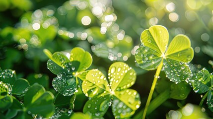 Wall Mural - Dew-covered clover leaves in the early morning light, creating a shimmering effect.