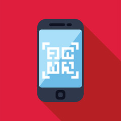 Poster - smartphone is scanning a qr code, on a red background