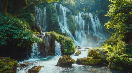 Poster - A serene waterfall surrounded by dense foliage in a forest setting, ideal for use in nature-themed designs or as a background image