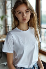 White tshirt mockup on woman model created with Generative AI