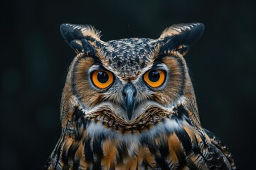 Poster - A detailed shot of an owl's face, featuring bright orange eyes