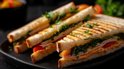 Wall Mural - Three Grilled Triangular Sandwiches on a Black Plate