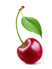 Wall Mural - Red Cherry with leaf  isolated on white background.