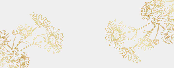 Wall Mural - Luxury gold daisy flowers background. Floral pattern tropical in line art style for greeting, invitation, wedding card, wall art, wallpaper and print. Vector illustration