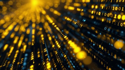 Poster - A digital data stream with glowing golden lights flowing upward from the bottom of the image.