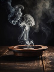 Wall Mural - Vintage wooden tabletop with smoke against dark backdrop