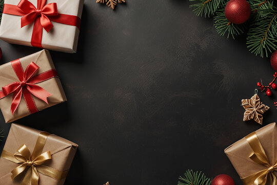 Festive Christmas and New Year background flat lay of holiday gifts on white, perfect for Xmas greeting cards and Noel themes.